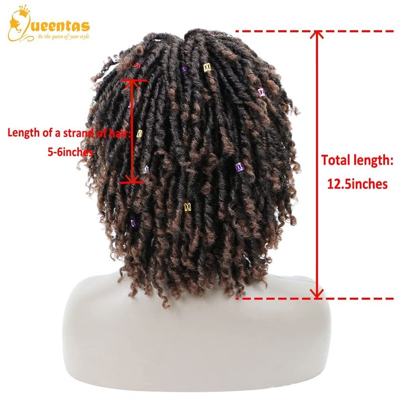 QUEENTAS 12 Inch Short Curly Big Afro Braided Dreadlock Wigs for Black Women and Men, Black to Brown Lightweight Synthetic Faux Locs Twist Wig, Natural & Easy to Wear for Daily Party Occasions - Image 3