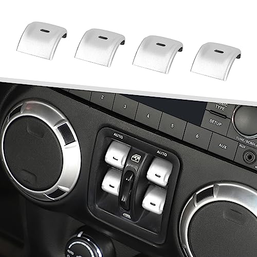 Jimen غطاء زر نافذة جيمين لجهاز جيب رانجلر JK، 4 قطع غطاء مفتاح نافذة وحدة التحكم المركزية، مجموعة تزيين داخلية متوافقة مع جيب رانجلر JK و Unlimited 2012-2018، سبيكة الألمنيوم (فضي) - Image 1