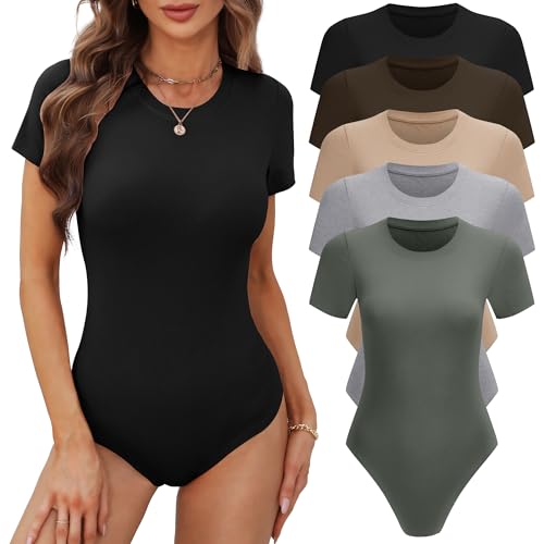 BALENNZ Women's 5 Pack Short Sleeve Round Neck Bodysuit Tops Crew Neck Basic Casual Stretchy Tshirt Bodysuits Large - Image 1