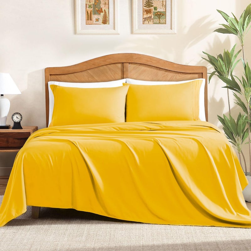 ClevaHome Queen Sheet Set, 4-Piece Bed Sheets for Queen Size Bed, Lightweight & Super Soft Easy Care Microfiber- Shrinkage & Fade Resistant Bedding Set with 14'' Deep Pockets (Mustard) - Image 1