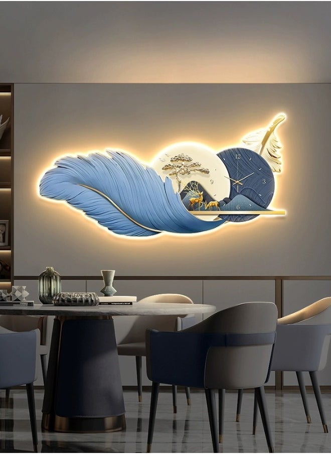 Elegant feather design lighted wall clock and plaque with luxury clock and LED lighting