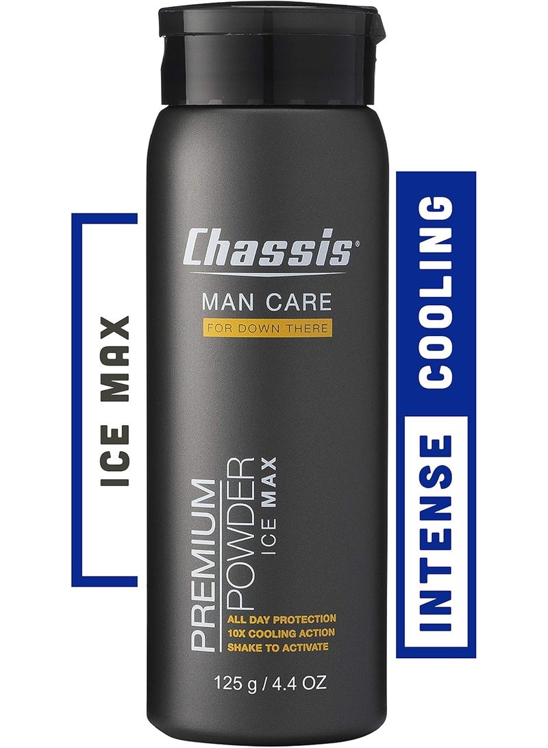chassis بودرة الجسم الفاخرة تشاسي آيس ماكس للرجال، مزيل عرق للجسم بالكامل، ماص للرائحة، بودرة خالية من التلك لمكافحة الاحتكاك للمنطقة الحساسة والجلد الحساس، دفاع ضد الاحتكاك والتحكم في الرائحة، رائحة أصلية منعشة - Image 1