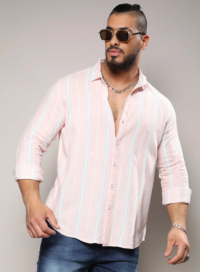 Instafab Plus Instafab Plus Men's Light Pink Shadow Striped Shirt For Casual Wear | Spread Collar | Long Sleeve | Button Closure | Cotton Viscose Shirt Crafted With Comfort Fit For Everyday Wear