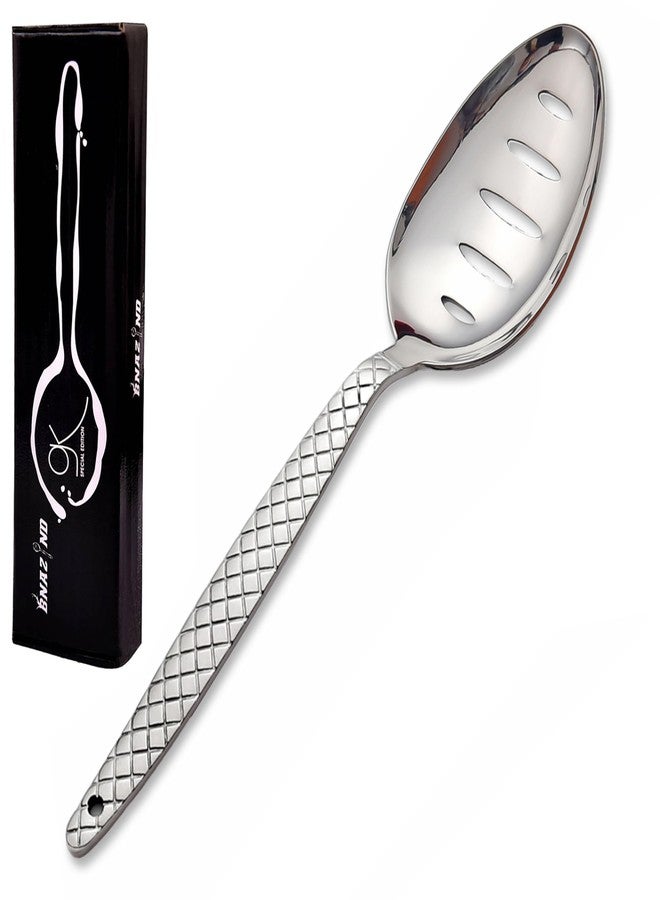 BNAZIND Chef Kunz Slotted Spoon | 18/10 Silver Stainless Steel Draining and Serving Spoon | 9 inch Basting, Quenelle, Cooking, Plating, Dinner Chef Spoons with Non-Slip Grip - Image 1