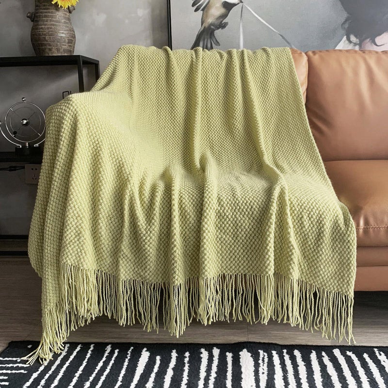 LOMAO Knitted Throw Blanket with Tassels Bubble Soft Lightweight Blanket Textured Lightweight Throws for Couch Cover Home Decor Lemon Yellow 50x60