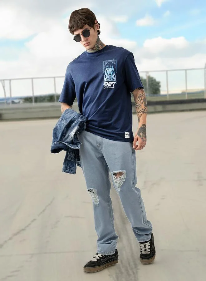 HIGH STAR Moto Racer Graphic Printed Round Neck Short Sleeves Relaxed Fit Cotton T-shirt