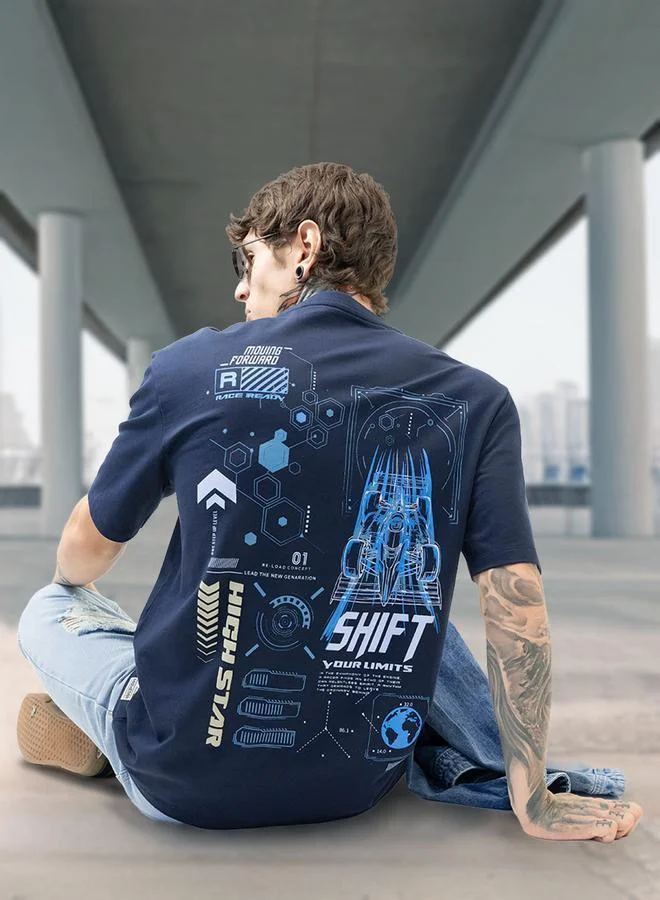 HIGH STAR Moto Racer Graphic Printed Round Neck Short Sleeves Relaxed Fit Cotton T-shirt