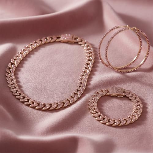 Batiyeer 3 Pcs Cuban Link Chain Necklace Bracelet Rhinestone Hoop Earrings Bling Crystal Hip Hop Jewelry for Women18 InchRose Gold Pink - Image 3