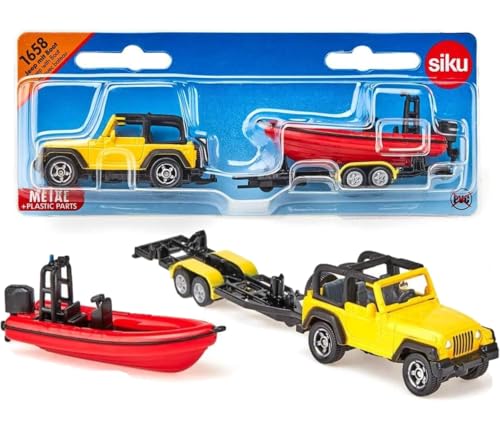 Siku 1658, Jeep with Boat, Metal/Plastic, Yellow/Red, Removable Trailer, Floatable Boat - Image 1