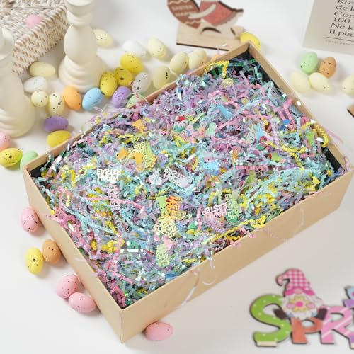 CIPOWM 16oz Easter Grass Crinkle Cut Paper Shred, Iridescent Multicolor Raffia Paper Shred Filler with Easter Confetti Shredded Paper Grass for Gift Wrapping Craft DIY Gift Bag Box Filling Party Supply - Image 5