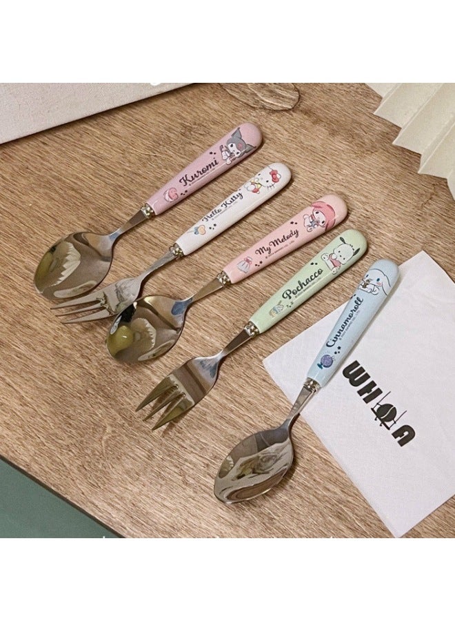 Korean Style Soup Spoon Stainless Steel High Color Value Kulomi Sanrio Ceramic Spoon Student Special Spoon Fork Suit-Specifications:Melody Spoon - Image 2