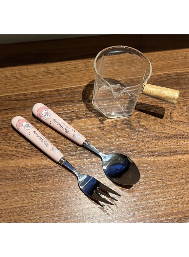 Korean Style Soup Spoon Stainless Steel High Color Value Kulomi Sanrio Ceramic Spoon Student Special Spoon Fork Suit-Specifications:Melody Spoon - Image 1