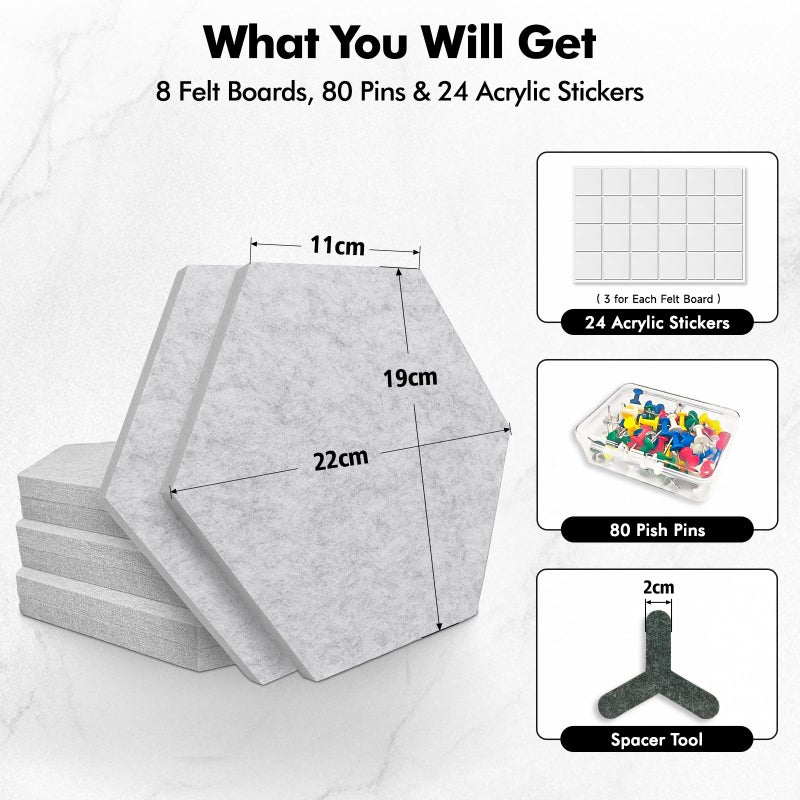 ANLIOTE 8-Pack Hexagon Felt Cork Board, 1/2" Thick Felt Bulletin Pinboard with 80 Push Pins, Adhesive Tabs, Geometric Cork Wall Tiles for Photos, Memos, Home & Office Decor (Light Grey) - Image 3