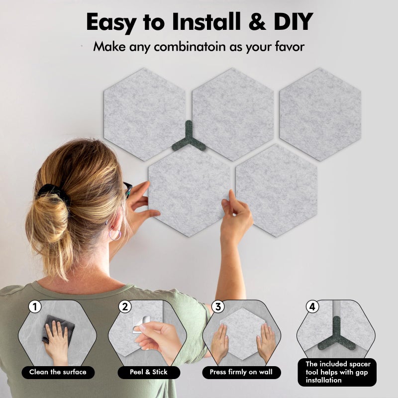 ANLIOTE 8-Pack Hexagon Felt Cork Board, 1/2" Thick Felt Bulletin Pinboard with 80 Push Pins, Adhesive Tabs, Geometric Cork Wall Tiles for Photos, Memos, Home & Office Decor (Light Grey) - Image 4