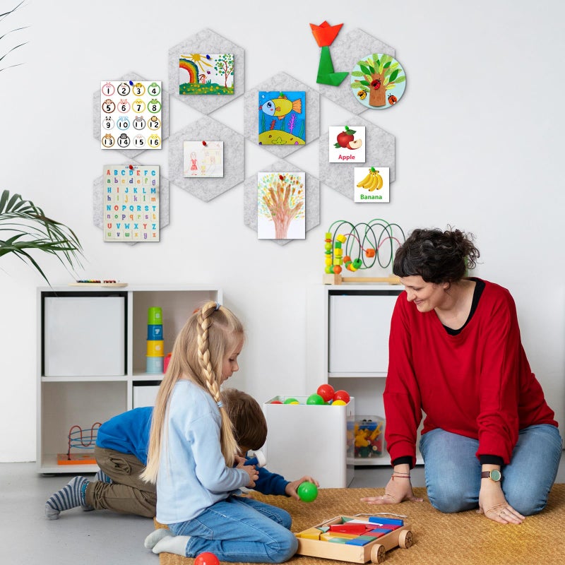 ANLIOTE 8-Pack Hexagon Felt Cork Board, 1/2" Thick Felt Bulletin Pinboard with 80 Push Pins, Adhesive Tabs, Geometric Cork Wall Tiles for Photos, Memos, Home & Office Decor (Light Grey) - Image 5