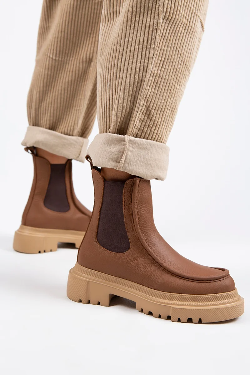 Manijero Manijero Agnes Women's Genuine Leather Double-Sided Elasticated Tan Boots
