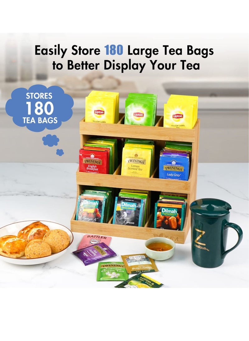 Arabest Wooden Tea Bag Organizer, Vertical Tea Bag Holder 9 Compartments, Bamboo Storage Shelf for Tea, Coffee, Creamer or Other Small Items  - Image 2