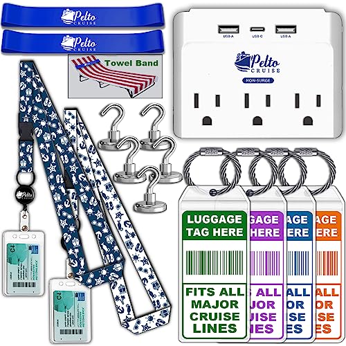 Pelto Cruise Ship Essentials 2025 Must Haves - Cruise Luggage Tags Holder, Cruise Approved Non-Surge Power Strip, Magnet Hooks, Lanyard, Towel Bands. Cruise Accessories for All Cruise Lines - Image 1