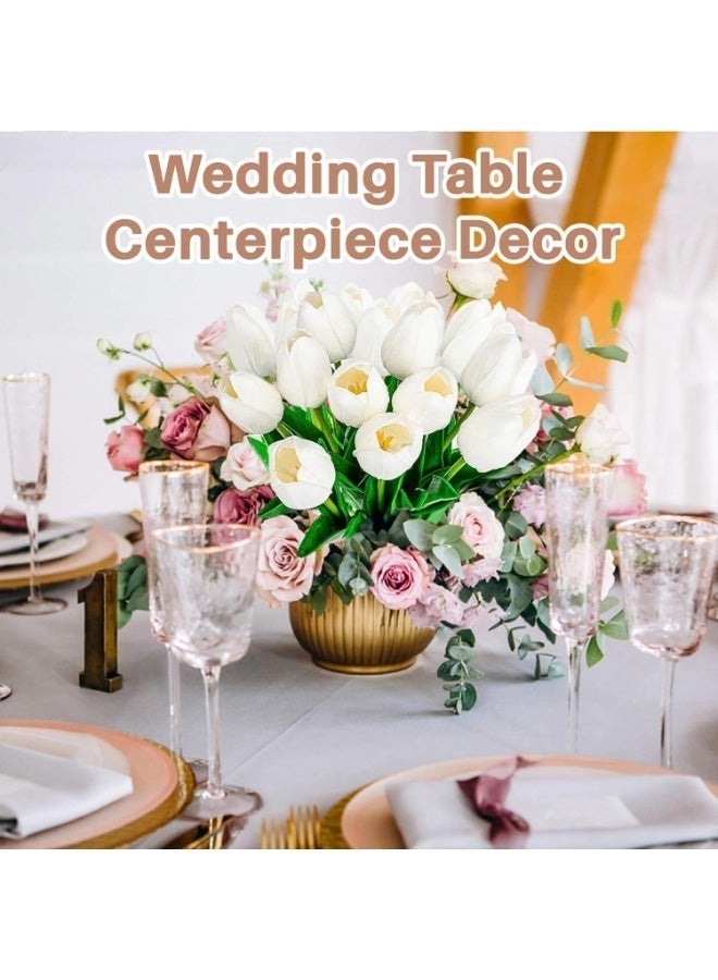 روك بو 10 قطع من زهور التوليب البيضاء الصناعية، باقة زفاف من الحرير الأبيض، زهور واقعية - Image 2