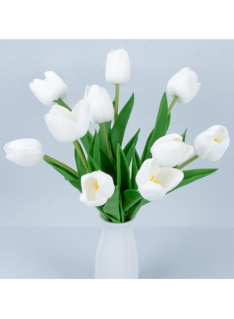 روك بو 10 قطع من زهور التوليب البيضاء الصناعية، باقة زفاف من الحرير الأبيض، زهور واقعية - Image 1