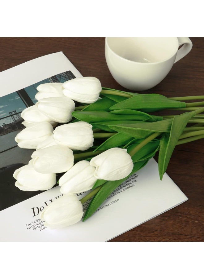 روك بو 10 قطع من زهور التوليب البيضاء الصناعية، باقة زفاف من الحرير الأبيض، زهور واقعية - Image 5