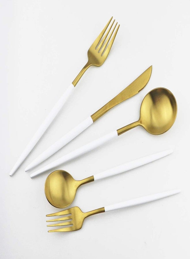 Gugrida White Gold Flatware, Royal 5 Piece Matte White Handle 18/10 Stainless Steel Tableware Sets for 1 Including Forks Spoons Knives, Camping Silverware Travel Utensils Set Cutlery (White Gold) - Image 2