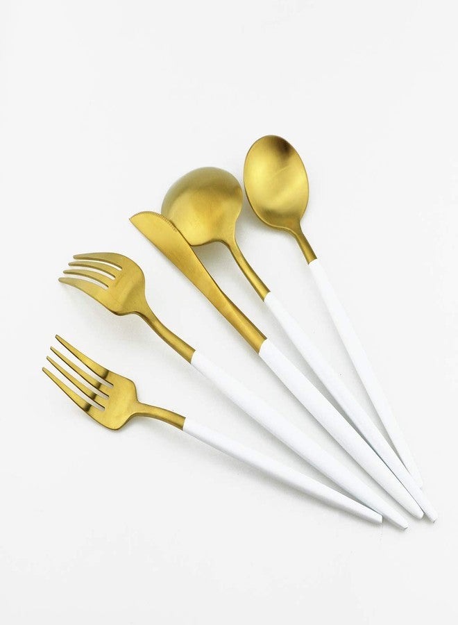 Gugrida White Gold Flatware, Royal 5 Piece Matte White Handle 18/10 Stainless Steel Tableware Sets for 1 Including Forks Spoons Knives, Camping Silverware Travel Utensils Set Cutlery (White Gold) - Image 3