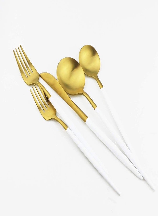 Gugrida White Gold Flatware, Royal 5 Piece Matte White Handle 18/10 Stainless Steel Tableware Sets for 1 Including Forks Spoons Knives, Camping Silverware Travel Utensils Set Cutlery (White Gold) - Image 4