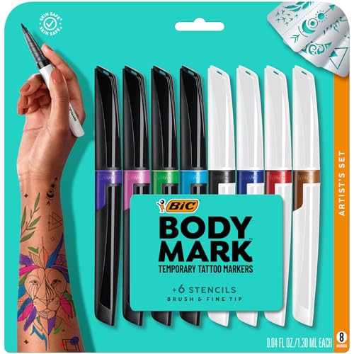 BIC BodyMark Temporary Tattoo Markers for Skin Artists Set Mixed Tip 8Count Pack of Assorted Colors SkinSafe Cosmetic Quality