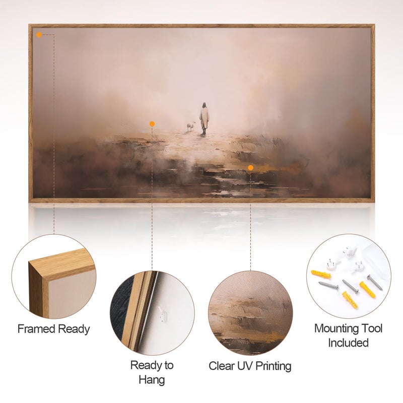 Aurlan Jesus Christian Framed Wall Art(40"x20"), Abstract Jesus Leaves The 99 Parable of The Lost Sheep Canvas Artwork, Large Neutral Watercolor Inspiring Good Shepherd Decor for Church Room Christian Faith Gift - Image 2
