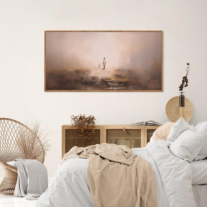 Aurlan Jesus Christian Framed Wall Art(40"x20"), Abstract Jesus Leaves The 99 Parable of The Lost Sheep Canvas Artwork, Large Neutral Watercolor Inspiring Good Shepherd Decor for Church Room Christian Faith Gift - Image 4