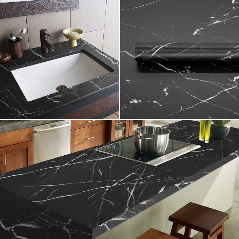 NAREVAL Wall Paper for Home Kitchen and Decorative Kitchen cabinets Marble Wallpaper Oil Proof Waterproof Floor Tiles Stickers Waterproof Large Wall Paper Marble Wallpaper Oil Proof Waterproof Floor Tiles Stickers Waterproof Size 60200 Cm Black Marble H9 - Image 1