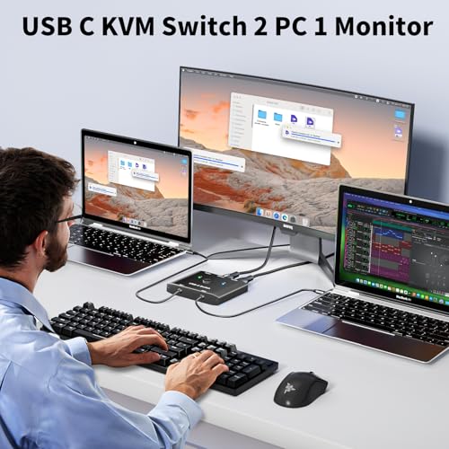 KCEVE USB C Switch 2 in 1 Out, USB Type C KVM Switch 2 Computers 1 Monitor, 8K@60Hz / 4K@120Hz / 20Gbps/ USB 3.1 Gen 2 / 100W PD/Compatible with Thunderbolt Devices/Wired Remote, 1 USB-C Cable - Image 2