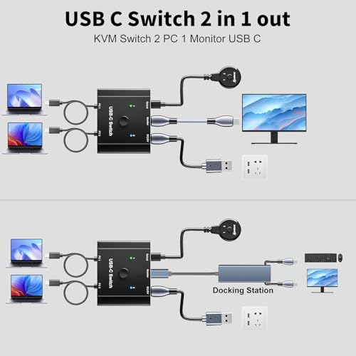 KCEVE USB C Switch 2 in 1 Out, USB Type C KVM Switch 2 Computers 1 Monitor, 8K@60Hz / 4K@120Hz / 20Gbps/ USB 3.1 Gen 2 / 100W PD/Compatible with Thunderbolt Devices/Wired Remote, 1 USB-C Cable - Image 3