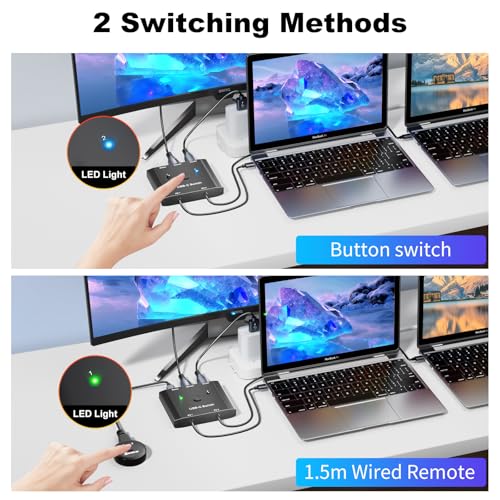 KCEVE USB C Switch 2 in 1 Out, USB Type C KVM Switch 2 Computers 1 Monitor, 8K@60Hz / 4K@120Hz / 20Gbps/ USB 3.1 Gen 2 / 100W PD/Compatible with Thunderbolt Devices/Wired Remote, 1 USB-C Cable - Image 5