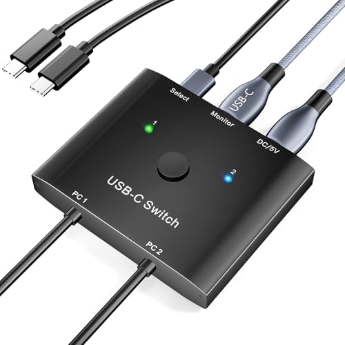KCEVE USB C Switch 2 in 1 Out, USB Type C KVM Switch 2 Computers 1 Monitor, 8K@60Hz / 4K@120Hz / 20Gbps/ USB 3.1 Gen 2 / 100W PD/Compatible with Thunderbolt Devices/Wired Remote, 1 USB-C Cable - Image 1