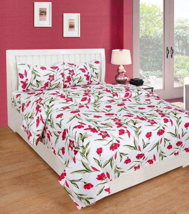MORADO® 3D Printed Glace Cotton 144 TC Double Bedsheet with 2 King Size Pillow Covers, White Red Flower - Image 1