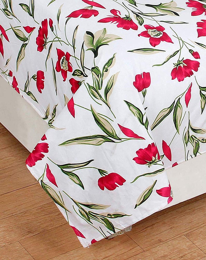 MORADO® 3D Printed Glace Cotton 144 TC Double Bedsheet with 2 King Size Pillow Covers, White Red Flower - Image 2