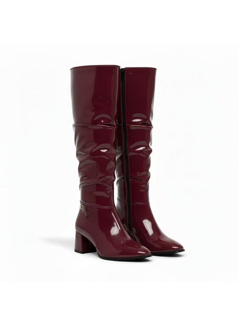 بوت طويل بكعب متوسط من الجلد اللامع LB-48 - نبيتي