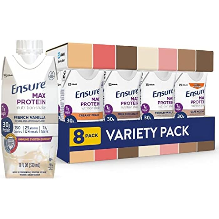 Ensure Max Protein Nutrition Shakes, Variety Pack, With 30g of Protein, 1g of Sugar, Nutrients to Support Immune System Health, High Protein Shake, 11 fl oz, Pack of 8, Liquid - Image 1