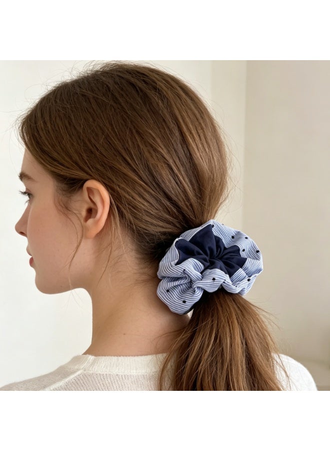 Ruffled Double-Layer Hair Scrunchie, Blue Striped with Mini Hearts, 2 Pack - Image 2