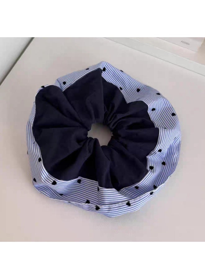 Ruffled Double-Layer Hair Scrunchie, Blue Striped with Mini Hearts, 2 Pack - Image 1