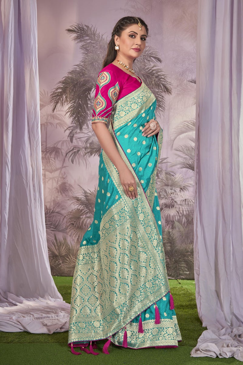 MANOHARI Banarasi Silk Woven Saree With Heavy Embroidery Blouse Piece_Mn1900 - Women, Blue - Image 5