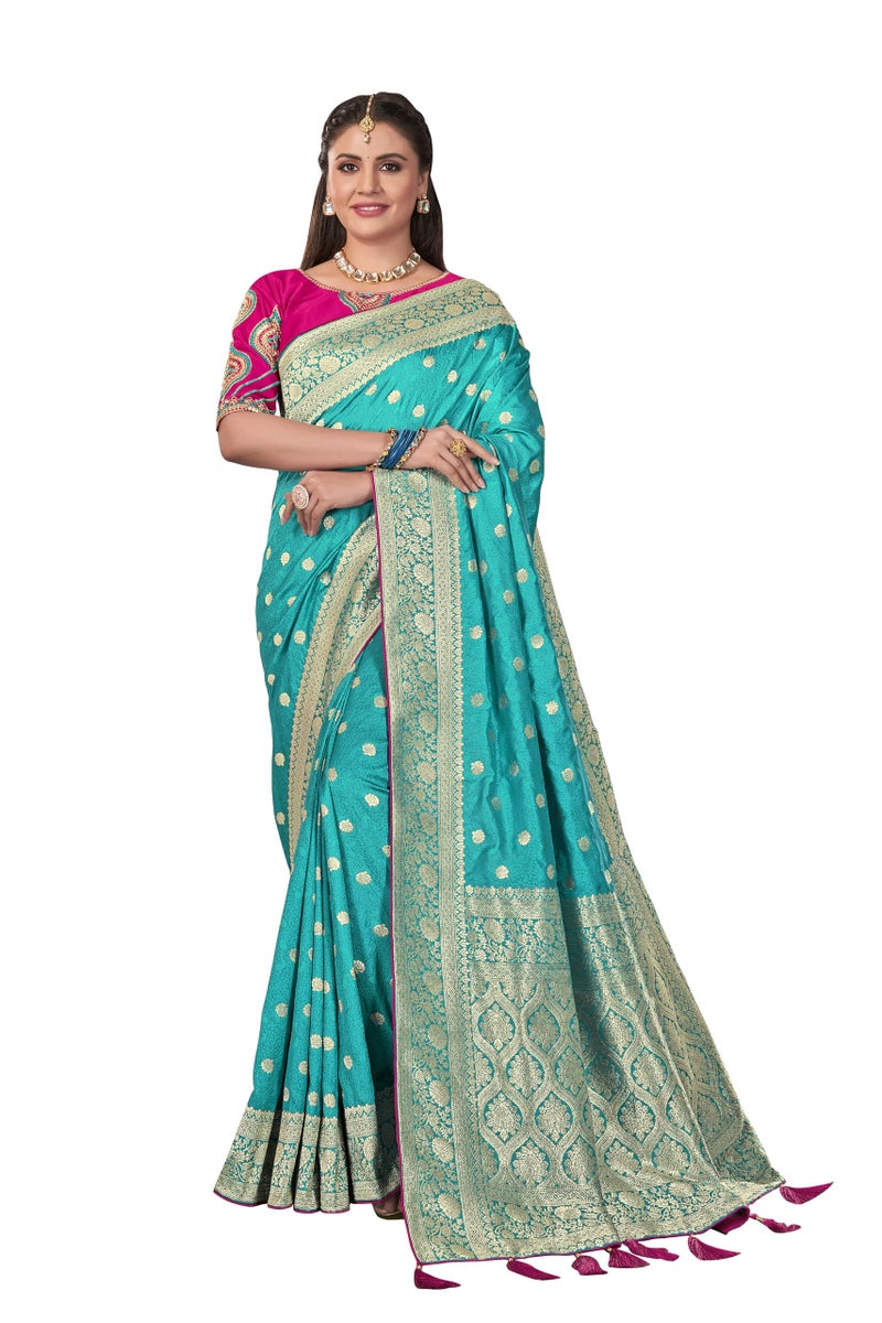MANOHARI Banarasi Silk Woven Saree With Heavy Embroidery Blouse Piece_Mn1900 - Women, Blue - Image 1