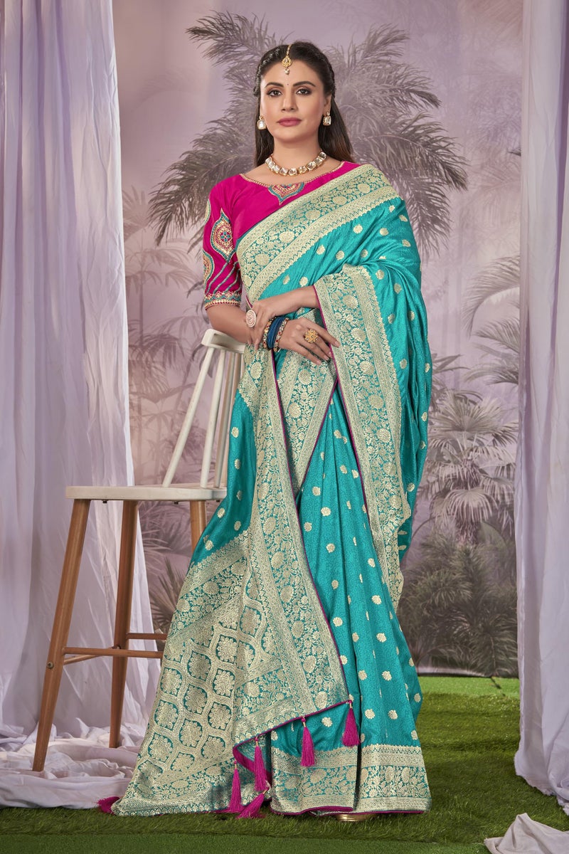 MANOHARI Banarasi Silk Woven Saree With Heavy Embroidery Blouse Piece_Mn1900 - Women, Blue - Image 2