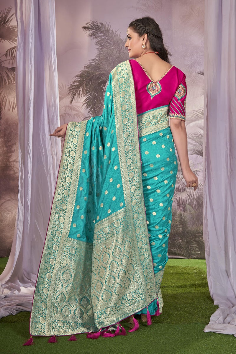 MANOHARI Banarasi Silk Woven Saree With Heavy Embroidery Blouse Piece_Mn1900 - Women, Blue - Image 4