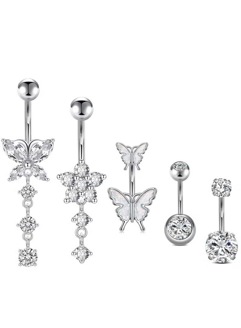 fantasize 5pcs Silver Belly Ring Set Stainless Steel Belly Button for Women Sparkling butterfly design Rhinestone studded Navel ring Body Jewelry Gifts perfect for holiday & dating & party & wedding - Image 1