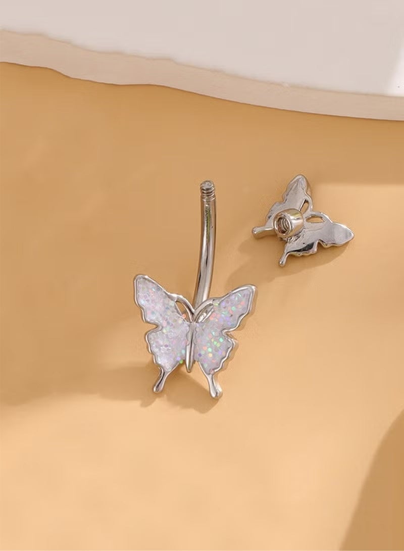 fantasize 5pcs Silver Belly Ring Set Stainless Steel Belly Button for Women Sparkling butterfly design Rhinestone studded Navel ring Body Jewelry Gifts perfect for holiday & dating & party & wedding - Image 2