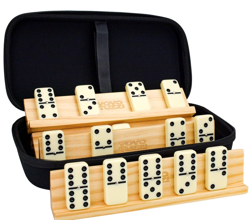 Vovotuzzi Jumbo Double 6 Dominoes Set for Adults Kids 28 Ivory Domino Tiles with 4 Wooden RacksTrays with Portable Travel Case Classic Board Game for Family Game Night Party Travel Outdoor - Image 3