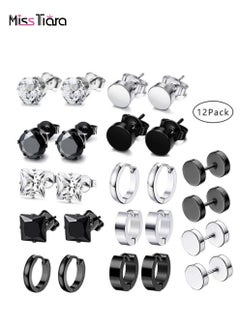 MissTiara 12 Pairs Stainless Steel Stud Earrings Set for Men and Women Unisex  - Image 1
